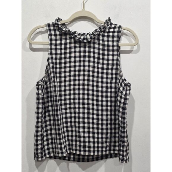J. Crew Fleur Black White Gingham Linen Ruffle Neck Sleeveless Button Back Top S - Picture 1 of 7